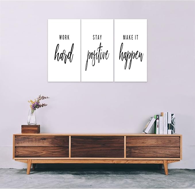 3 Piece Inspirational Wall Art, White Motivational Mindset Picture, Quote "Work Stay Make It" Canvas Print for Office Decor, Triptych Entrepreneur Poster Framed Artwork for Gym Wall Decor (36"Wx18" H)