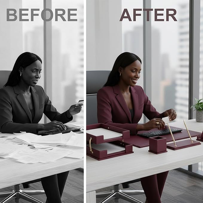 Desk Set,15-Piece Leather Desk Organizer Set, Executive Office Accessories with Desk Pad & Blotter, 2-Tier Tray, Pen Holder & More, Professional Office Desk Decor & Gift Set (Burgundy)