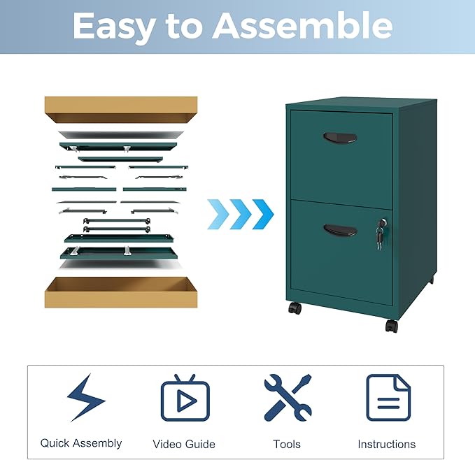 2 Drawer File Cabinet with Lock, Filing Cabinets with Wheels, Rolling File Cabinets for Home Office, Metal Office File Cabinet, Mobile Filing Cabinet for Holding Letters and File Boxes, Green