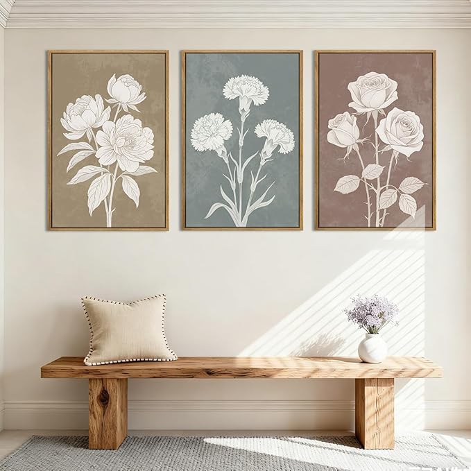 BINCUE Large Neutral Botanical Wall Art Rustic Floral Wall Decor Floral Painting 24x36 Inches Flower Print Flower Artwork Botanical Art Paintings for Living Room Bedroom Bathroom Dining Room Farmhouse Set of 3 Spring Plants Decor
