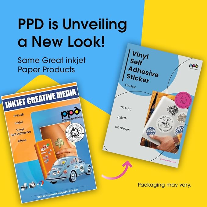 PPD Premium Printable Vinyl Sticker Paper for Inkjet Printer - 50 Sheets Glossy Sticker Paper 8.5 x 11 - Self-Adhesive, Waterproof, Tear Resistant, Instant Dry - PPD-36-50