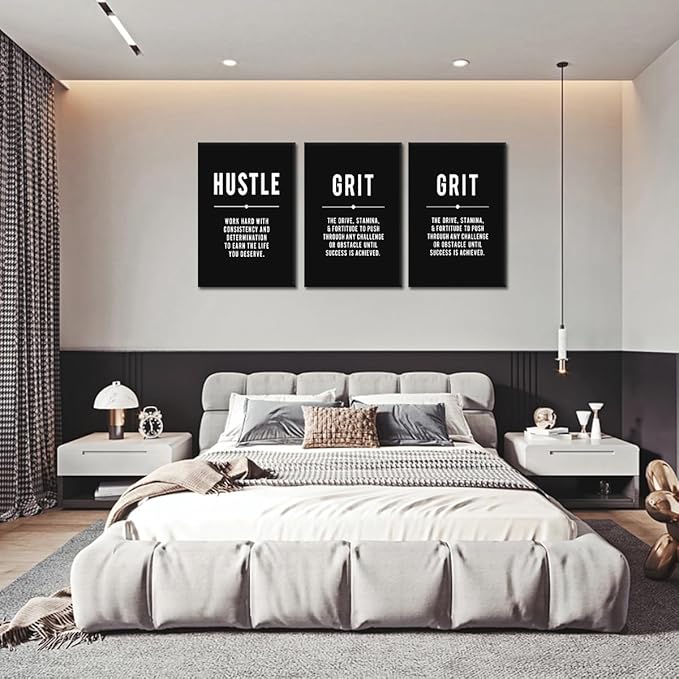Yatsen Bridge Motivational Wall Art Set Of 3 - Hustle Grind Execute Canvas Prints Black & White Inspirational Quotes Wall Decor Modern Poster for Office, Home, Gym Or Living Room, Large 24"x36"x3