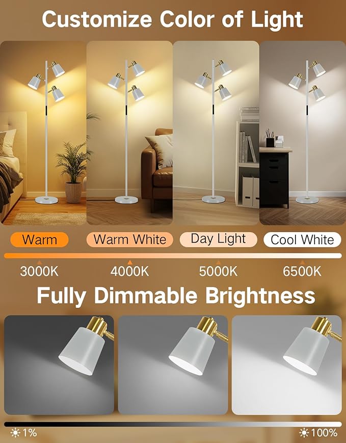 OUTON Tree Floor Lamp, LED Dimmable Floor Lamp with Remote and Touch Slide Control, 4 Color Temperatures, 3 Rotatable Lights, Modern Standing Lamp for Living Room Bedroom Office, Grey & Gold