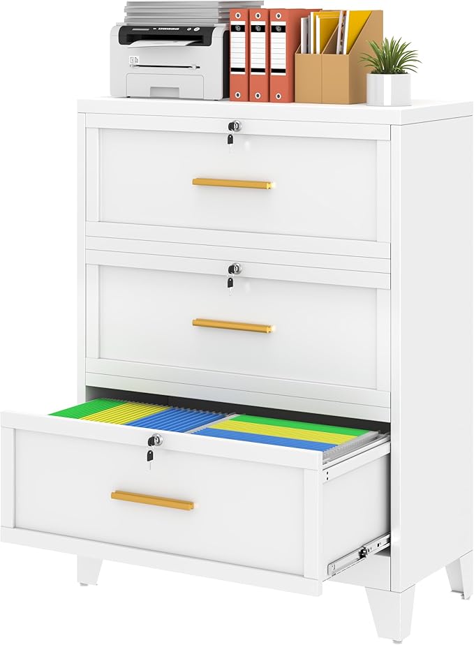 3 Drawer File Cabinet with Lock, Metal Lateral File Cabinets for Home Office, Steel Wide Filing Organization Storage Cabinets, Home Office Furniture for Hanging Files Letter/Legal/F4/A4 Size
