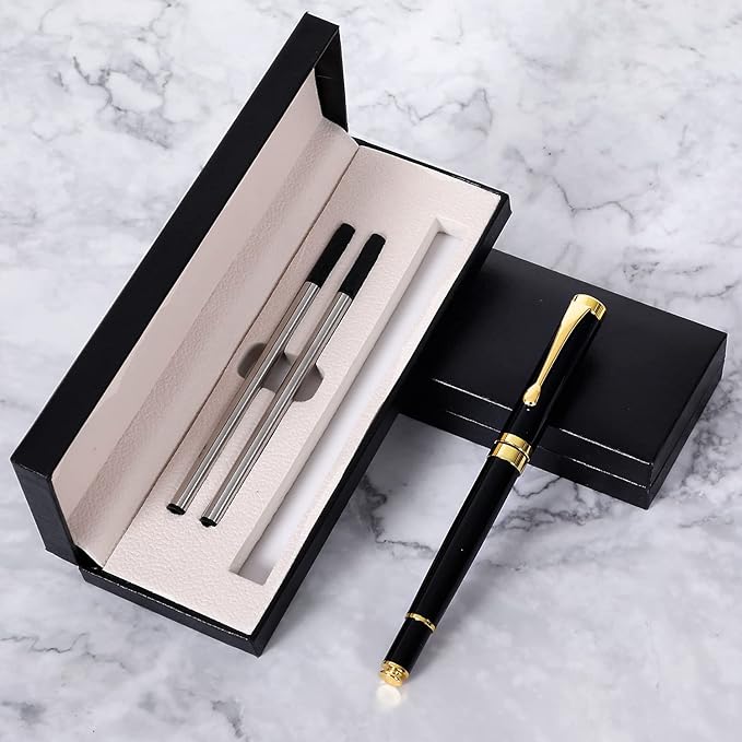 Deluxe Ballpoint Pen Kit,Office Business Signing Ballpoint Pen with Two Replacement Black Refills, 0.5mm Nib, Black Classic Gift Box, Creative Writing Gift for Men and Women (Gold B)