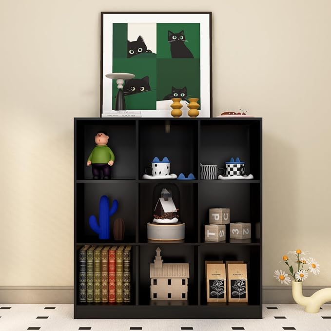 Black Bookshelf, Wooden Bookshelf with Base, Cube Storage Organizer, Bookcase for Living Room,Bedroom,Study and Office(Black, 9-Cube)