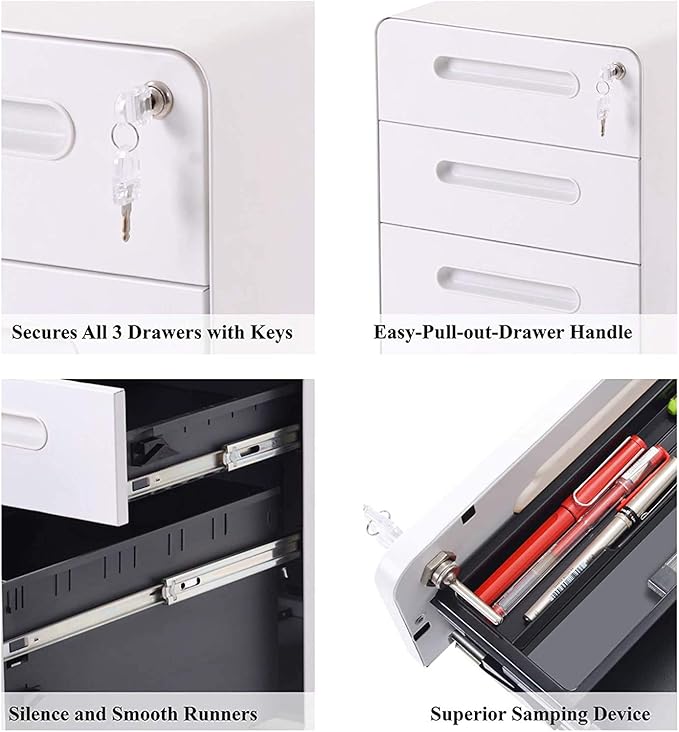HOVNEE 3 Drawer File Cabinet, Commercial Grade Mobile Filing Cabinet with Lock for A4 Letter Legal Size
