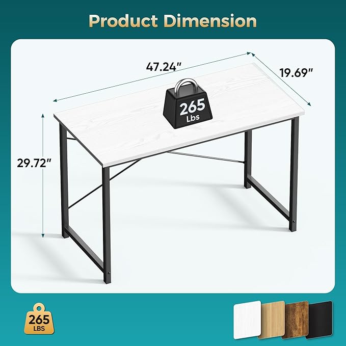 Sweetcrispy Small Computer Desk,47 Inch Office Writing Work Desk with Metal Frame Wooden Tabletop, Student Study Home Bedroom Table with X-Shaped Reinforcement, White
