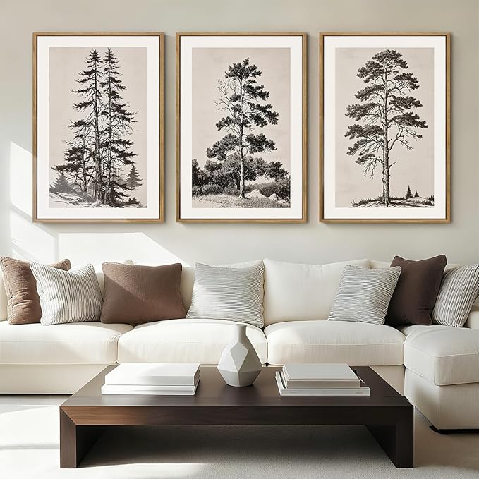 ANHUIB Vintage Tree Sketch Framed Canvas Wall Art 24x36 Inch Neutral Wilderness Forest Paintings Retro Botanical Wall Decor Set of 3 Black and White Landscape Prints for Living Room Bedroom Office
