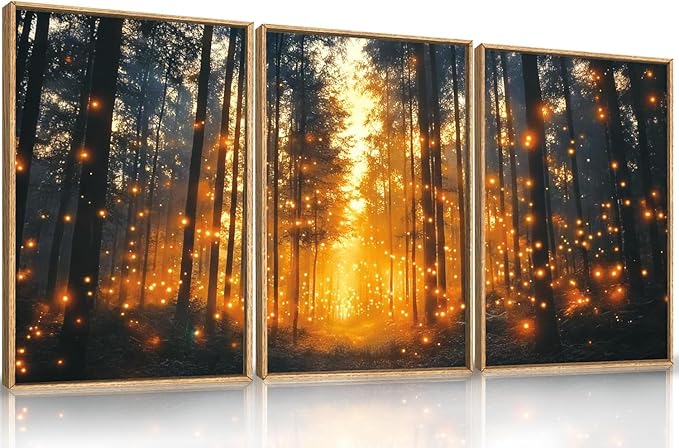 Aryroi Magical Firefly Forest Framed Canvas Wall Art Set,Enchanted Night Nature Mystical Woodland Wall Decor,Whimsical Orange Twinkling Black Tree Art Print for Living Room, Bedroom, Office- 24"x36"x3