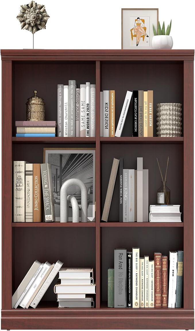 6 Cube Storage Organizer - 3 Tiers 6 Storage Cube Adjustable Space Book Case, Display Cabinet Organizer with Bookcase, 30 inch Width Horizontal Bookshelf for Home Library Office, Mahogany
