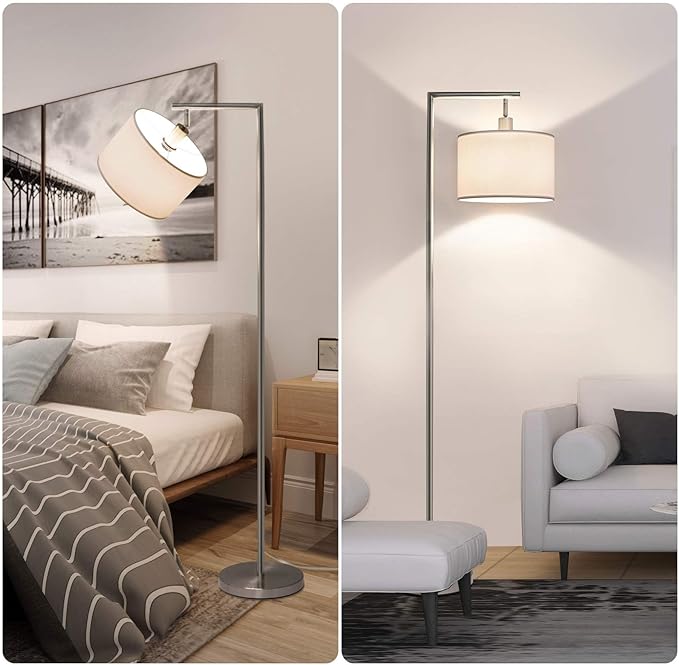 Boncoo Dimmable Silver Floor Lamp, Brushed Nickel Floor Lamps for Living Room with Adjustable White Shade, Tall Standing Lamp Modern Reading Light for Bedroom Office Nursery, 9W LED Bulb Included