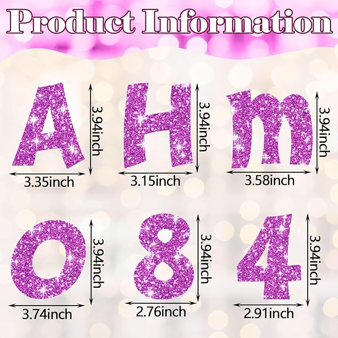 Colarr 216 Pcs Glitter Bulletin Board Letters for Classroom Number Alphabet Punctuation Symbol Cutout 4'' Die-Cut Poster Letter with Adhesive Dot School Party Holiday Decor Display(Purple Pink)
