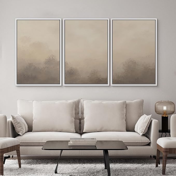 SIGNWIN Framed Canvas Print Wall Art Set Neutral Misty Forest Landscape Earth Tone Illustrations Modern Art Decorative Boho Relax/Zen Nordic for Living Room, Bedroom, Office - 24"x36"x3 White