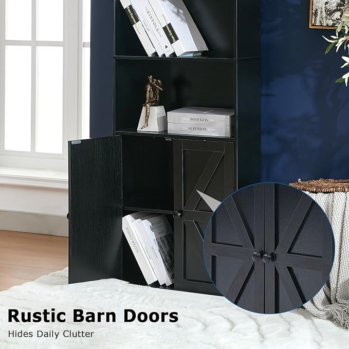 Bookshelves and Bookcases with Barn Doors Set of 2, Farmhouse Bookshelf with Display Shelves, Floor Standing 5-Tier Book Shelf with Storage Cabinet for Home Office, Living Room, Bedroom