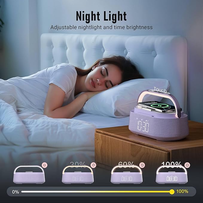 FREEFISH Bluetooth Speaker with Wireless Charger, FM Radio, Dimmer Night Light, Phone Holder, Wireless Charging Speakers for iPhone Samsung, Bedrooms Home Office Gifts