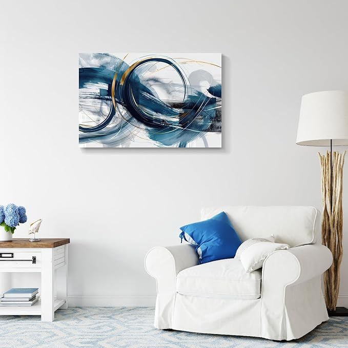gaosoul Modern Abstract Canvas Wall Art Dynamic Blue Gold Lines Doodled on White Background Paintings Framed Minimalism Artwork Prints for Living Room Bedroom Office Decor 36x24in