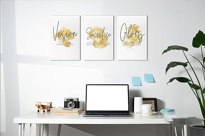 3 Piece Canvas Wall Art, Gold Motivational Quotes Canvas Print Pictures, Inspirational Framed Artwork - Home Office Decor, 12"x18" x 3 Pcs