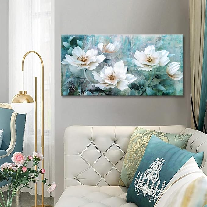 Abstract roses wall art for living room grey green painting 24"x48"watercolor paintings flowers floribunda framed canvas prints decor home bedroom decor office