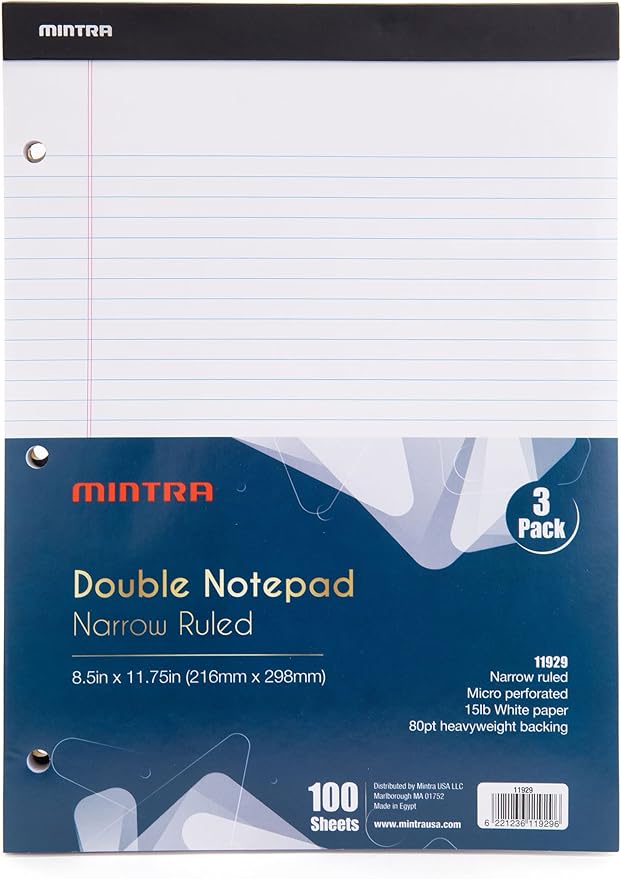 Mintra Office White Legal Pads – Ruled Notepads and Micro-Perforated Sheets, Ideal for Writing, Note-Taking & Creativity, Office, or Professional Use, Double Pad 3 pack, 8.5"x11" (Narrow Ruled)