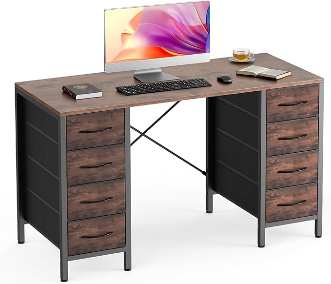 Sweetcrispy Desk with 8 Fabric Storage Drawers, Computer Office 47 Inch Gaming Writing Study Table with X-Shaped Reinforced Structure for Home Office Bedroom PC Desk, Brown
