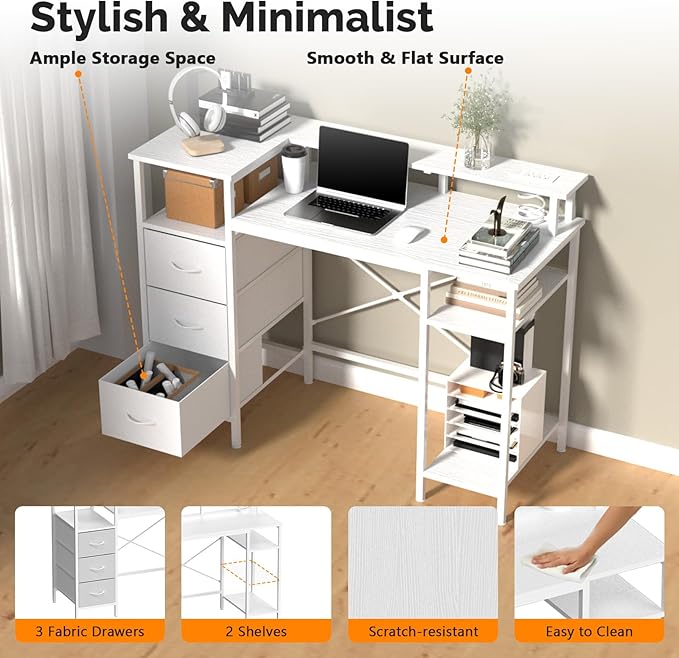 VINGLI 47 Inch L-Shaped Computer Desk, Small Computer Gaming Desk with Fabric Drawers & Storage Shelves, Charging Station, Monitor Stand for Home, Office, White