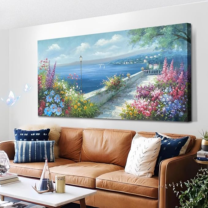 Arjun Blue Landscape Wall Art Canvas for Living Room Ocean Coastal Mediterranean Painting Bedroom 100% Hand Painted Seascape Garden Flower Picture Artwork Large Framed Home Office Wall Decor, 48"x24"