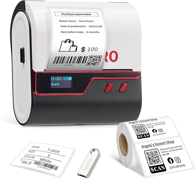ORGBRO Z3 Label Maker Machine with Tape, 2-3 Inch Bluetooth Thermal Label Printer, Portable Sticker Printer for Small Business Office Home Organization Barcode Address, Compatible with Phones & PC
