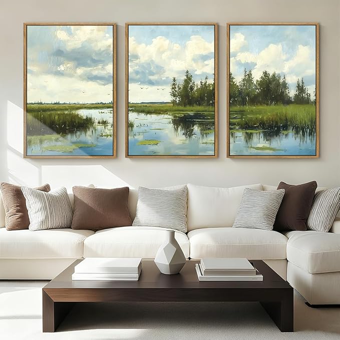BINCUE Framed Green Nature Wall Art Lake Scenery Wall Decor Landscape Art Print for Living Room Bedroom Office 16 x24 Inches Set of 3