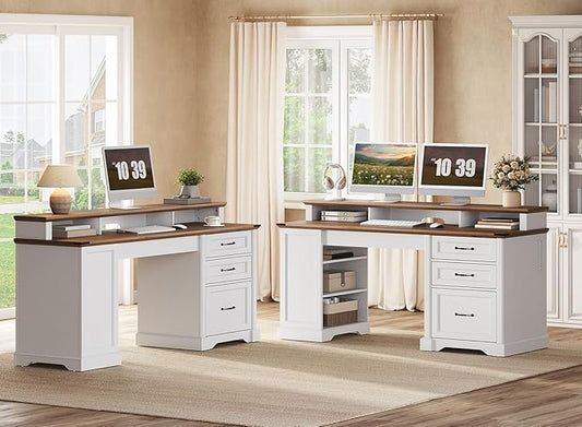 2 Pack 55'' Farmhouse Executive Desk with Drawers, Computer Desk with File Cabinet and Side Bookshelf, Writing Gaming Desk with Monitor Stand, White and Walnut
