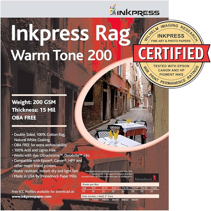 Inkpress Picture Rag Warm Tone Paper 200 GSM 13 x 19-25 Sheets