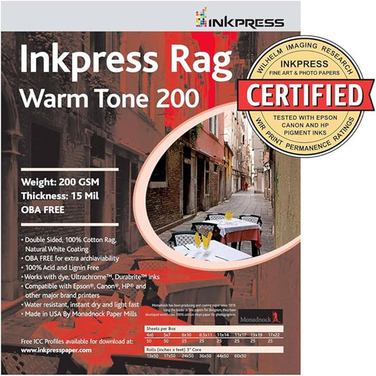 Inkpress Picture Rag Warm Tone Paper 200 GSM 13 x 19-25 Sheets