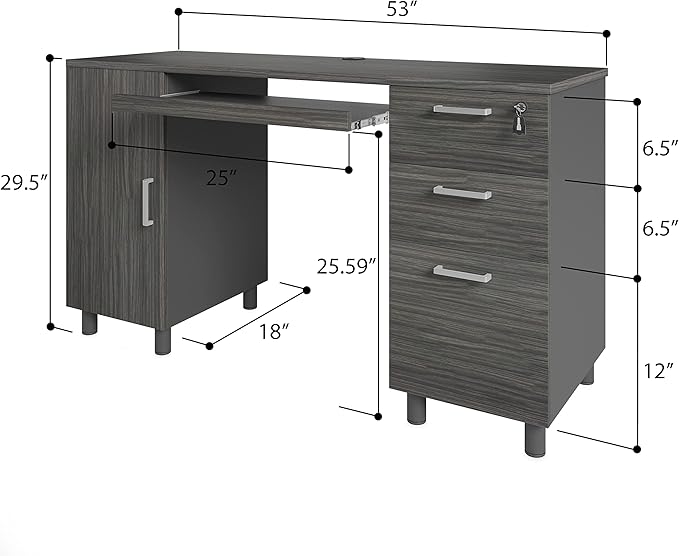 Modern Design Venice Computer Office Desk with 3 Locking Drawers and Storage Cabinet, 53 Inch Home and Office Executive, Black and Grey Desk with with Keyboard Tray by Crafts and Comfort