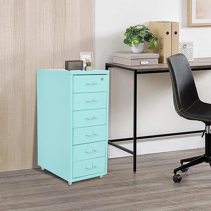 6-Drawer Metal File Cabinet, Metal Filing Storage Vertical Cabinets with Lock Home Office Filing Cabinets for Organization Hanging Letter/Legal/F4/A4 (Light Blue)