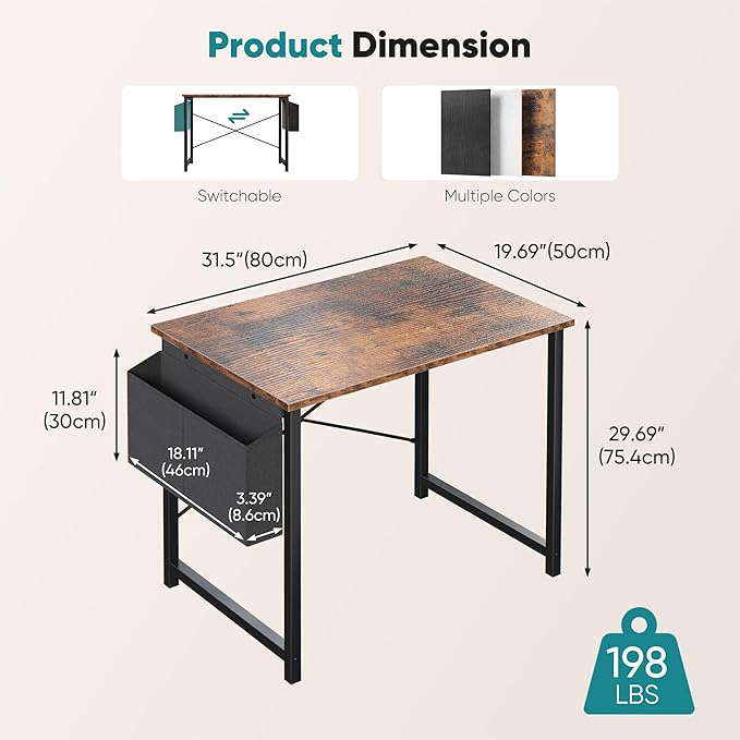 OLIXIS Computer Desk 31 Inch Home Office Desks for Small Spaces, Gaming Writing Study Work Table with Storage Bag and Headphone Hook for Bedroom, Rustic Brown