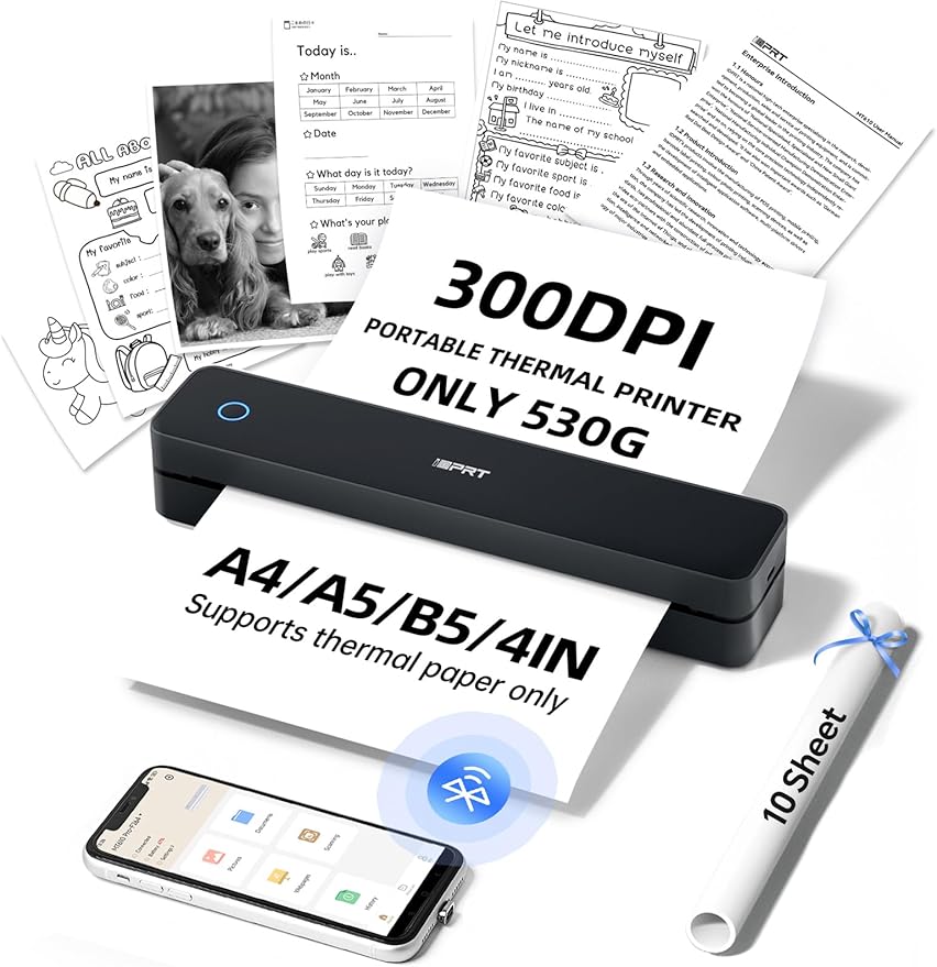 iDPRT MT610 Pro Portable Thermal Printer, 300DPI HD Mobile-Travel-Printers, Inkless-Wireless-Small-Printer for Home Use, Office, Vehicles, Bluetooth Printers Supports 8.5" x 11" US Letter&A4&A5, Black