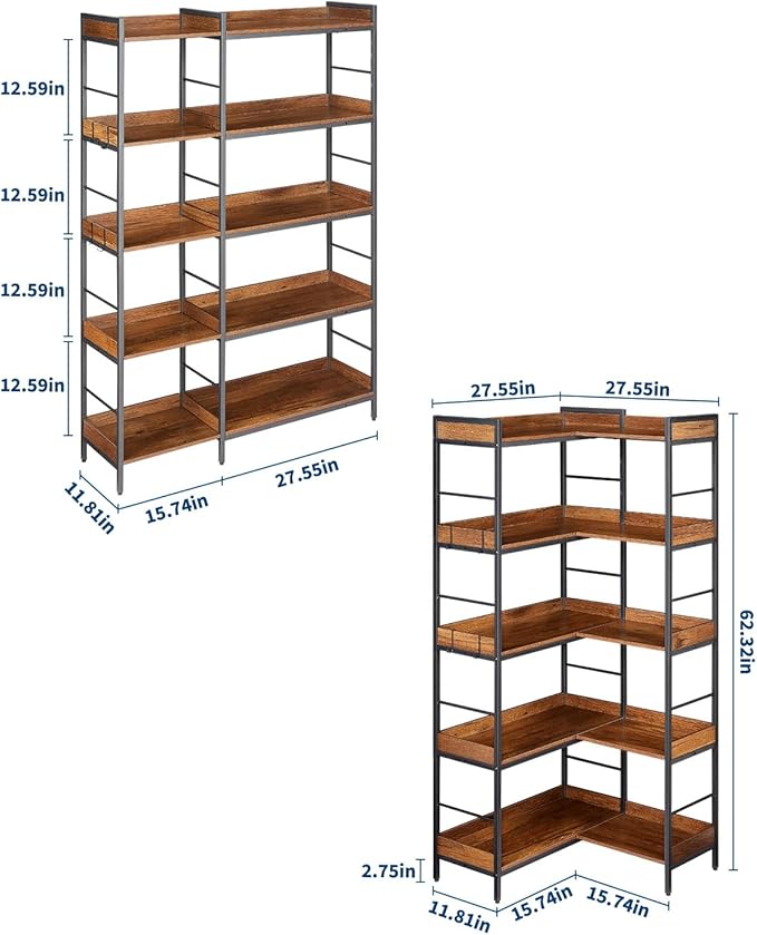 Garvee Bookshelf 5 Tier with 4 Hooks, Reversible Corner Bookshelf, 65" Industrial Wooden Bookcase with Open Shelves and Metal Frame for Living Room, Bedroom, Home Office, Rustic Brown