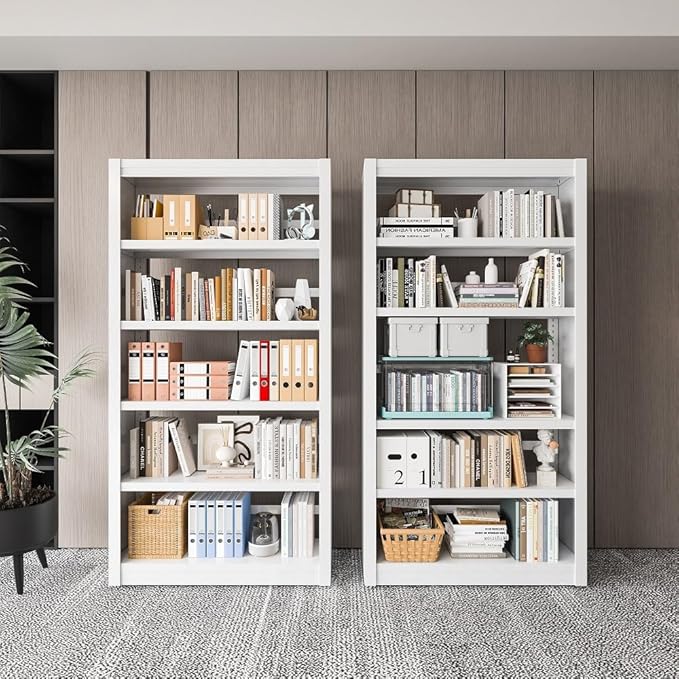 White Bookshelf，6-Tier Bookcase with Adjustable Storage Shelves，Metal Bookshelf with Book Stopper for Living Room, Home Office, Library