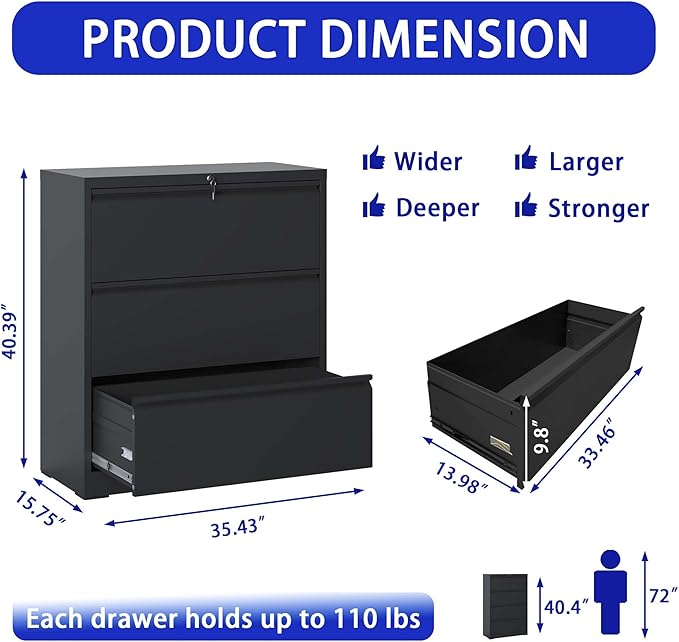 3 Drawer Lateral File Cabinet with Lock for Home Office Metal Filing Cabinet with Adjustable Hanging Bars Horizontal Filing Organization Storage Cabinet for Letter/Legal/A4/F4 Size Black