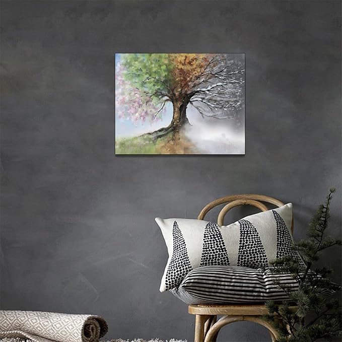 Tree of Life Wall Art Four Season Trees Pictures Decor Rustic Nature Canvas Country Painting Modern Artwork Home Decorations for Bathroom Living Room Bedroom Office Framed 16"x12"