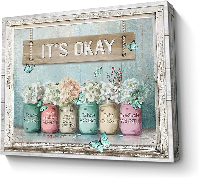 Parylore Inspirational It's Okay Canvas Wall Art Encouraging Bible Verses On Cute Marson Jars and Butterflies Teal Background Artwork for Bedroom Bathroom Office Home Decor 16x20 In