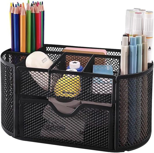 Desk Organizers and Accessories with Pencil Pen Holder Supply 8 Compartments and 1 Pullout Drawer for Home, School, and Office. (Black)