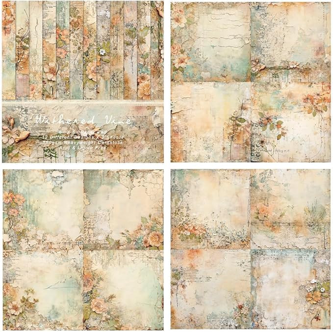 24 Sheets Vintage Floral Scrapbooking Paper Pad 6x6, Decorative Single-Side Craft Paper for Adult Journaling, Card Making, Collage & DIY Scrapbook Projects