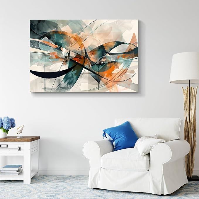 gaosoul Modern Abstract Canvas Wall Art Graffiti Artwork in Cyan and Orange Colors Framed Elegant Morandi Color Painting Prints for Living Room Bedroom Office Decor 48x32in