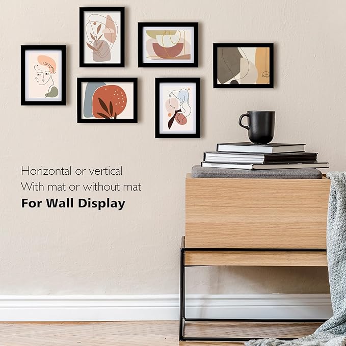 KINLINK 5x7 Picture Frame Black Set of 6, Wooden Photo Frames Matted 4x6 with Plexiglass for 4x6 with Mat or 5x7 without Mat for Table and Wall Display