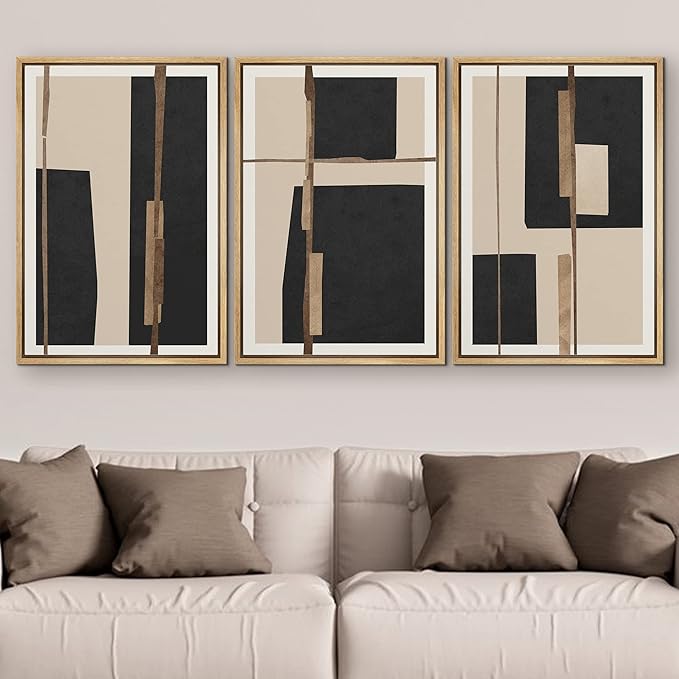 SIGNFORD Framed Canvas Print Wall Art Set Mid-Century Black Polygon Squares Abstract Shapes Illustrations Modern Art Bohemian Nordic Relax/Calm for Living Room, Bedroom, Office - 16"x24"x3 Natural