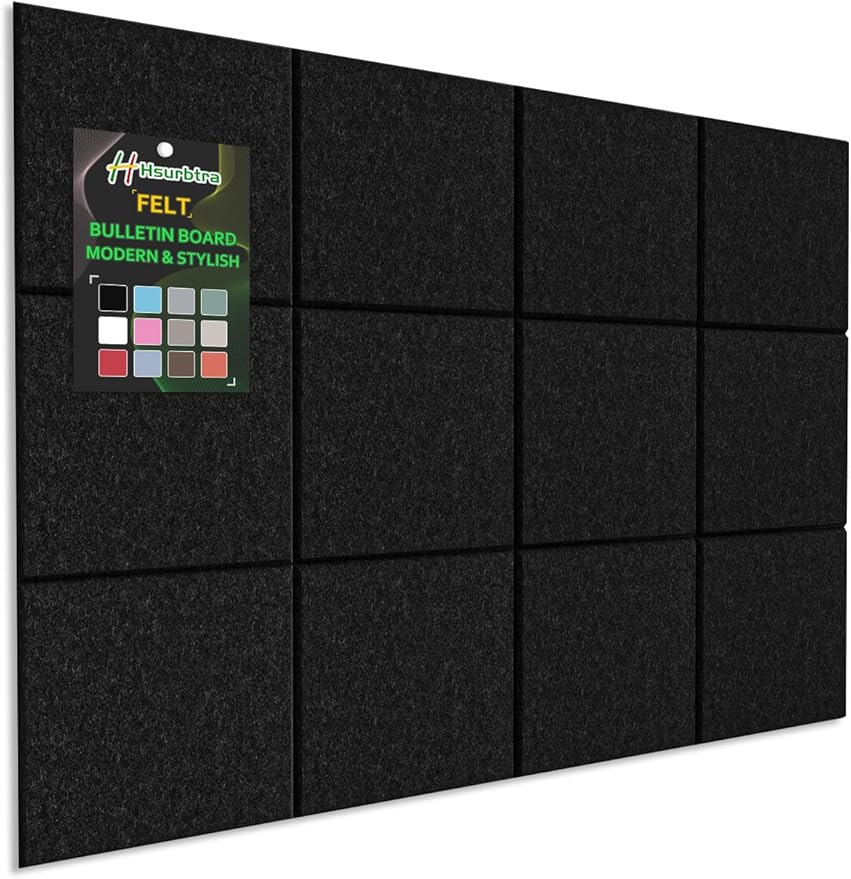 Hsurbtra Large Cork Board for Wall 47 x 36 Inch, 12 Pack Felt Bulletin Notice Board with Pushpins for Office Home School Farmhouse Wall Decor, Black