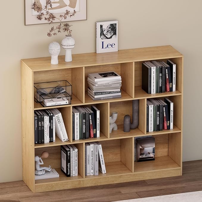 10-Cube Wooden Bookshelf with Base,3-Tier Freestanding Open Storage Organizer,Multi-Functional Bookcase for Living Room,Bedroom,Study and Office (Oak, 10-Cube)