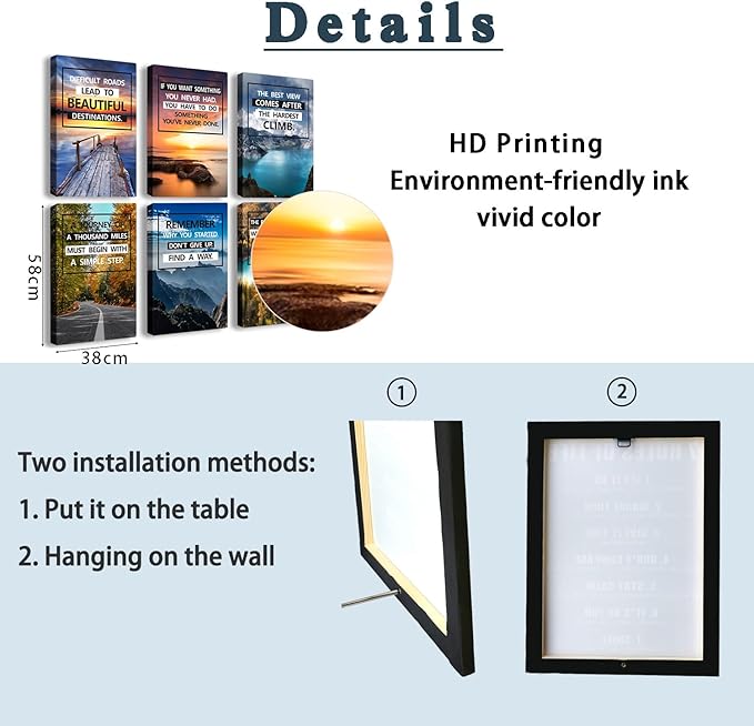 Motivational Quotes Motto，Inspirational Motivational Canvas Wall Art，scenery Painting，Modern Wall Art Suitable for Library, Office,Living ，Home，Gym Deco，Tabletop/Hanging| 6-pack(38x58cm) Framed