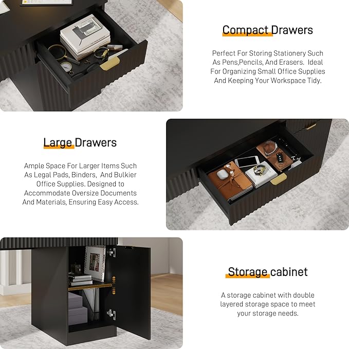 60" Executive Desk with Fluted Drawers, Wood Home Office Desk with Storage Cabinet, Fluted Reversible Computer Writing Desk for Study, Living Room,Black